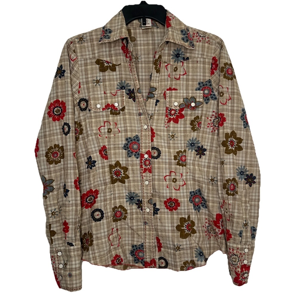 Johnny Was Cotton Floral Brown Red Gold Flannel Pearl Snap Button Up Size 4 - Picture 1 of 13
